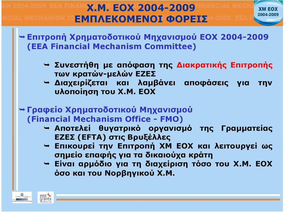 ΕΟΧ Γραφείο Χρηματοδοτικού Μηχανισμού (Financial Mechanism Office - FMO) Αποτελεί θυγατρικό οργανισμό της Γραμματείας ΕΖΕΣ (EFTA) στις