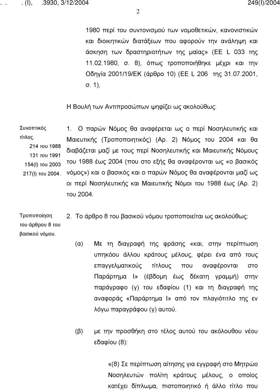 214 του 1988 131 του 1991 154(Ι) του 2003 217(Ι) του 2004. 1. Ο παρών Νόμος θα αναφέρεται ως ο περί Νοσηλευτικής και Μαιευτικής (Τροποποιητικός) (Αρ.