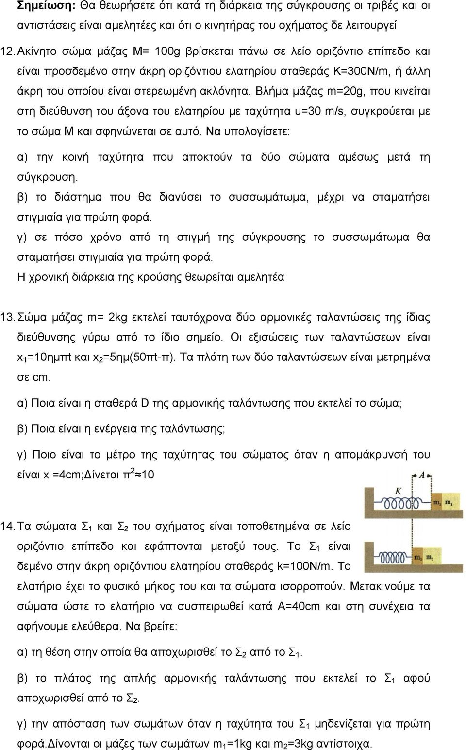 Βλήμα μάζας m=20g, που κινείται στη διεύθυνση του άξονα του ελατηρίου με ταχύτητα υ=30 m/s, συγκρούεται με το σώμα Μ και σφηνώνεται σε αυτό.