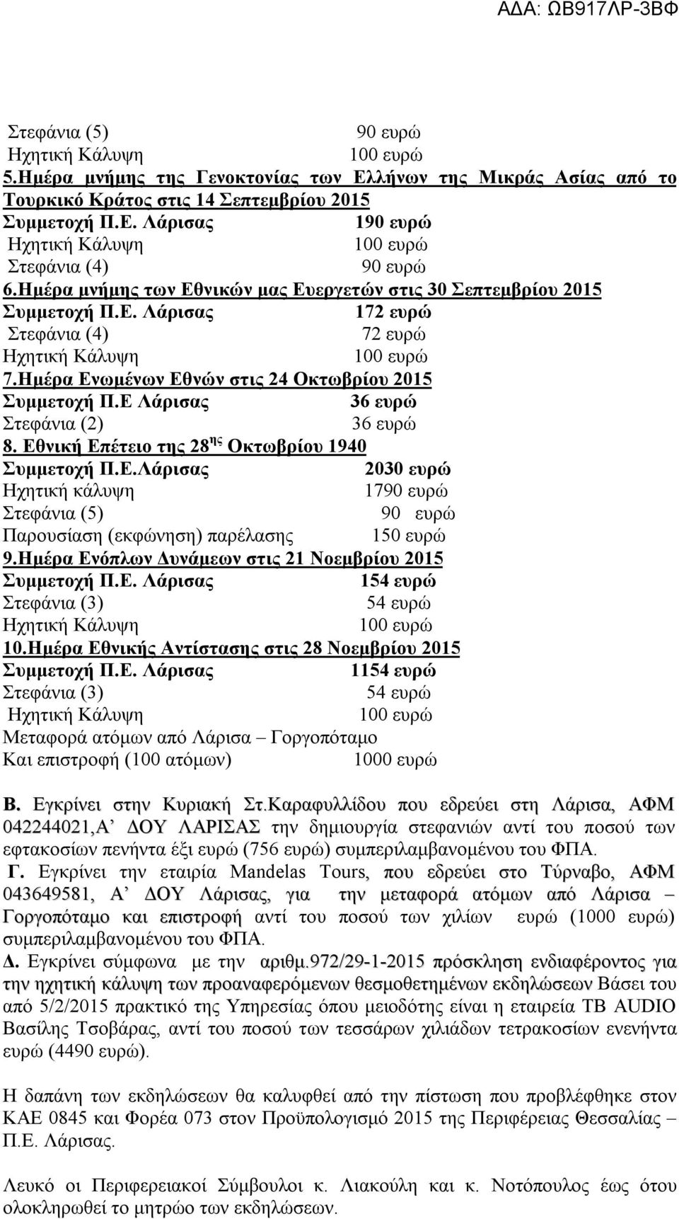 Εθνική Επέτειο της 28 ης Οκτωβρίου 1940 2030 ευρώ Ηχητική κάλυψη 17 Παρουσίαση (εκφώνηση) παρέλασης 150 ευρώ 9.Ημέρα Ενόπλων Δυνάμεων στις 21 Νοεμβρίου 2015 154 ευρώ Στεφάνια (3) 54 ευρώ 10.
