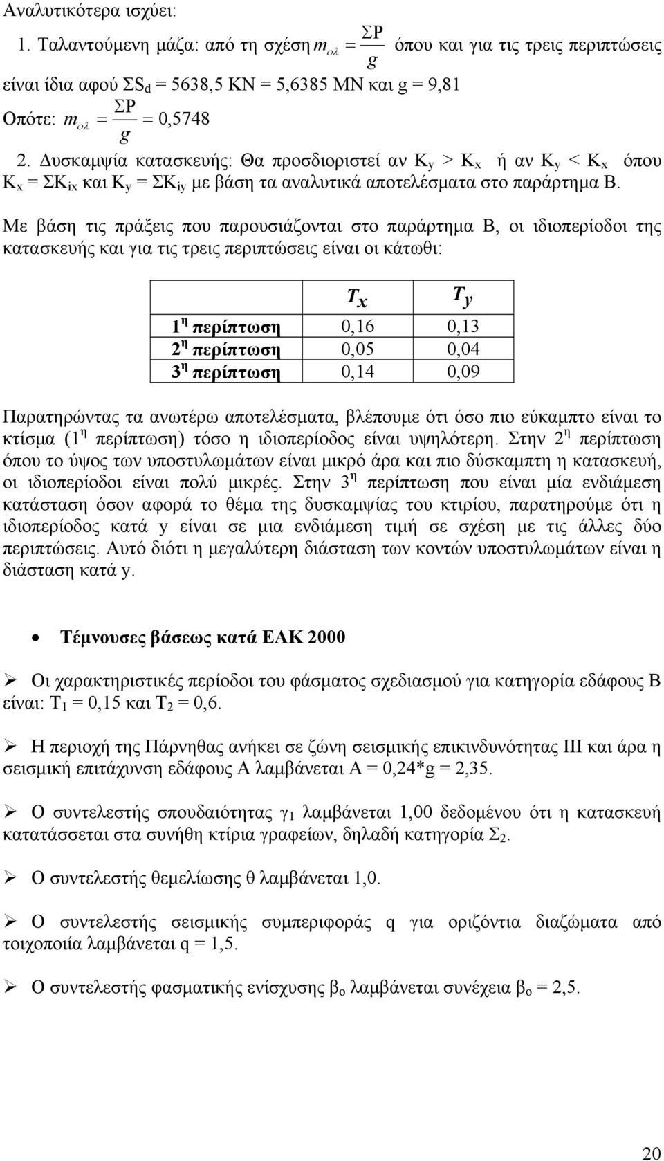 Με βάη τις πράξεις που παρουιάζονται το παράρτηµα Β, οι ιδιοπερίοδοι της κατακευής και για τις τρεις περιπτώεις είναι οι κάτωθι: T x T η περίπτωη 0,6 0,3 η περίπτωη 0,05 0,04 3 η περίπτωη 0,4 0,09