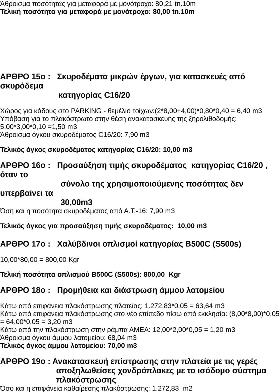 στην θέση ανακατασκευής της ξηρολιθοδομής: 5,00*3,00*0,10 =1,50 m3 Άθροισμα όγκου σκυροδέματος C16/20: 7,90 m3 Τελικός όγκος σκυροδέματος κατηγορίας C16/20: 10,00 m3 ΑΡΘΡΟ 16ο : Προσαύξηση τιμής