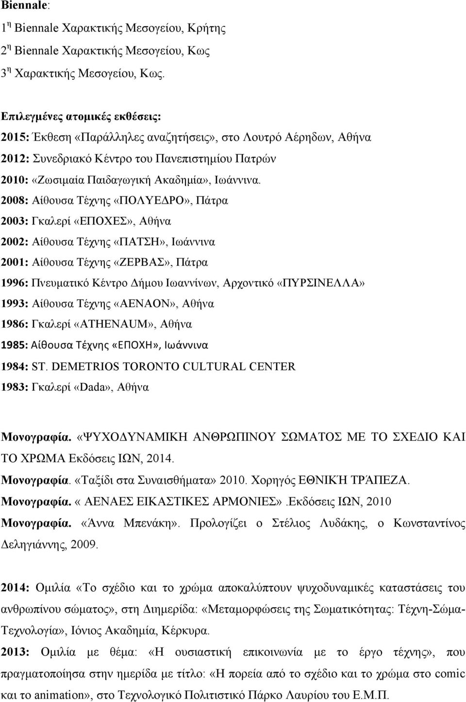 2008: Αίθουσα Τέχνης «ΠΟΛΥΕΔΡΟ», Πάτρα 2003: Γκαλερί «ΕΠΟΧΕΣ», Αθήνα 2002: Αίθουσα Τέχνης «ΠΑΤΣΗ», Ιωάννινα 2001: Αίθουσα Τέχνης «ΖΕΡΒΑΣ», Πάτρα 1996: Πνευµατικό Κέντρο Δήµου Ιωαννίνων, Αρχοντικό