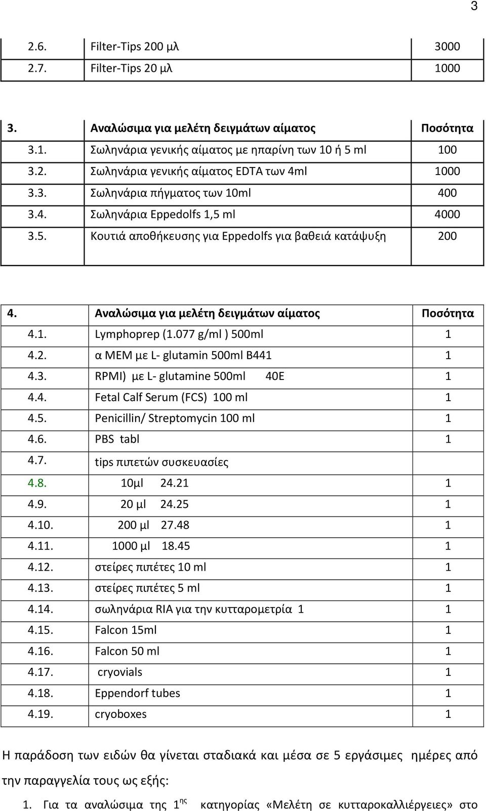 077 g/ml ) 500ml 1 4.2. α ΜΕΜ με L- glutamin 500ml B441 1 4.3. RPMI) με L- glutamine 500ml 40E 1 4.4. Fetal Calf Serum (FCS) 100 ml 1 4.5. Penicillin/ Streptomycin 100 ml 1 4.6. PBS tabl 1 4.7. tips πιπετών συσκευασίες 4.