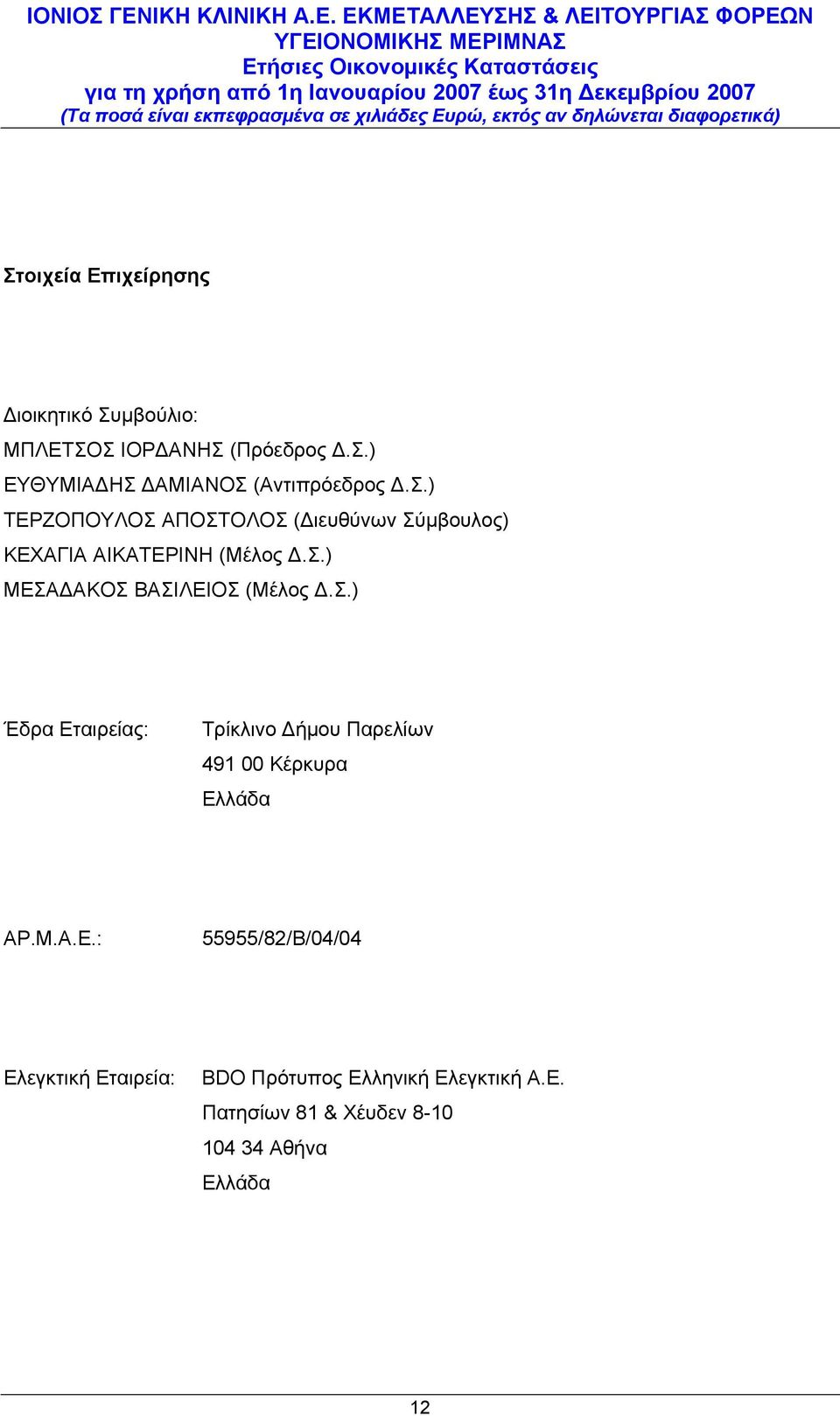 Σ.) Έδρα Εταιρείας: Τρίκλινο Δήμου Παρελίων 491 00 Κέρκυρα Ελλάδα ΑΡ.Μ.Α.Ε.: 55955/82/Β/04/04 Ελεγκτική Εταιρεία: BDO Πρότυπος Ελληνική Ελεγκτική Α.