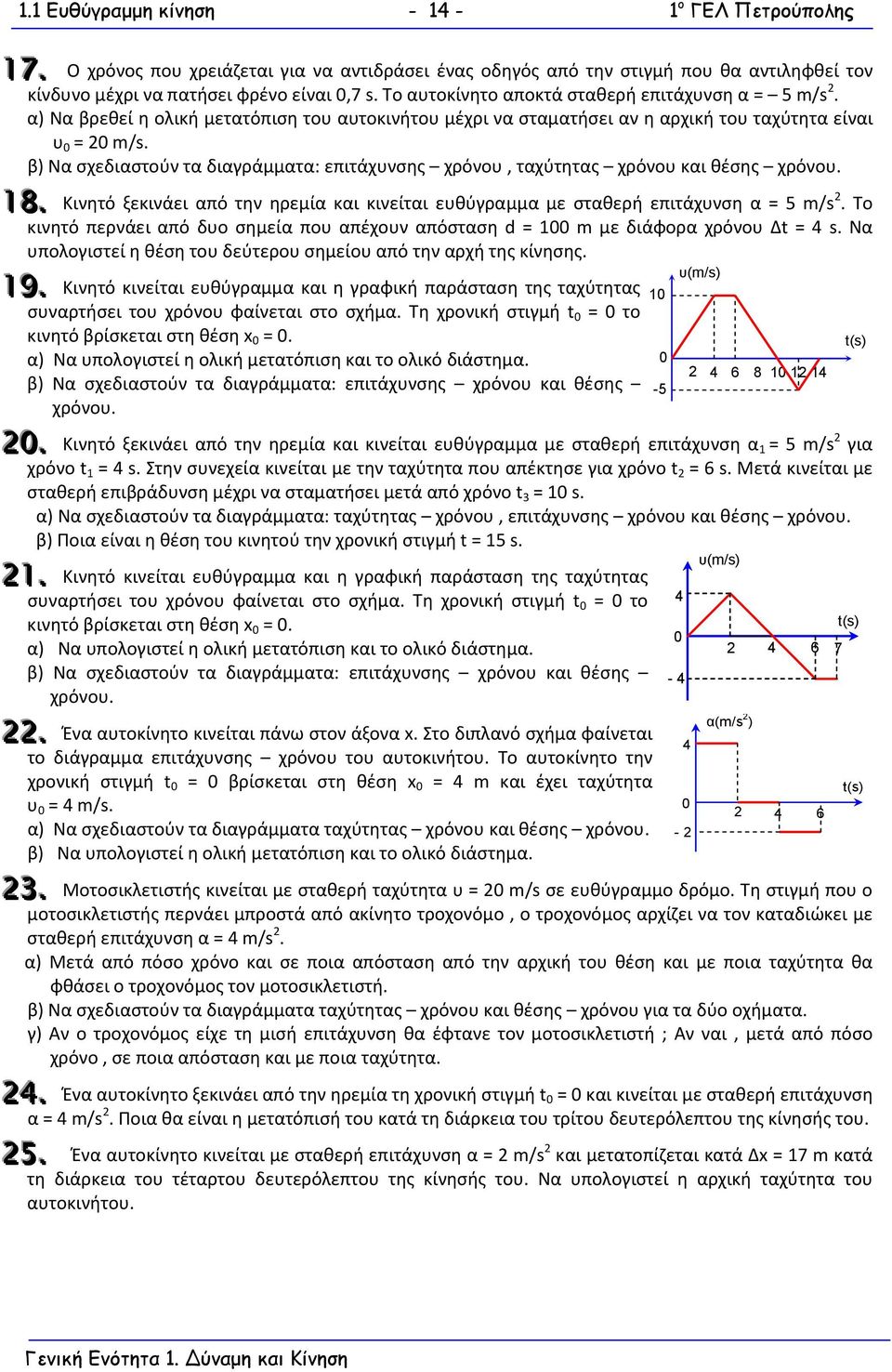 β) Ν σχεδιστούν τ διγράμμτ: επιτάχνσης χρόνο, τχύτητς χρόνο κι θέσης χρόνο. 8.. Κινητό ξεκινάει πό την ηρεμί κι κινείτι εθύγρμμ με στθερή επιτάχνση = 5 m/s.