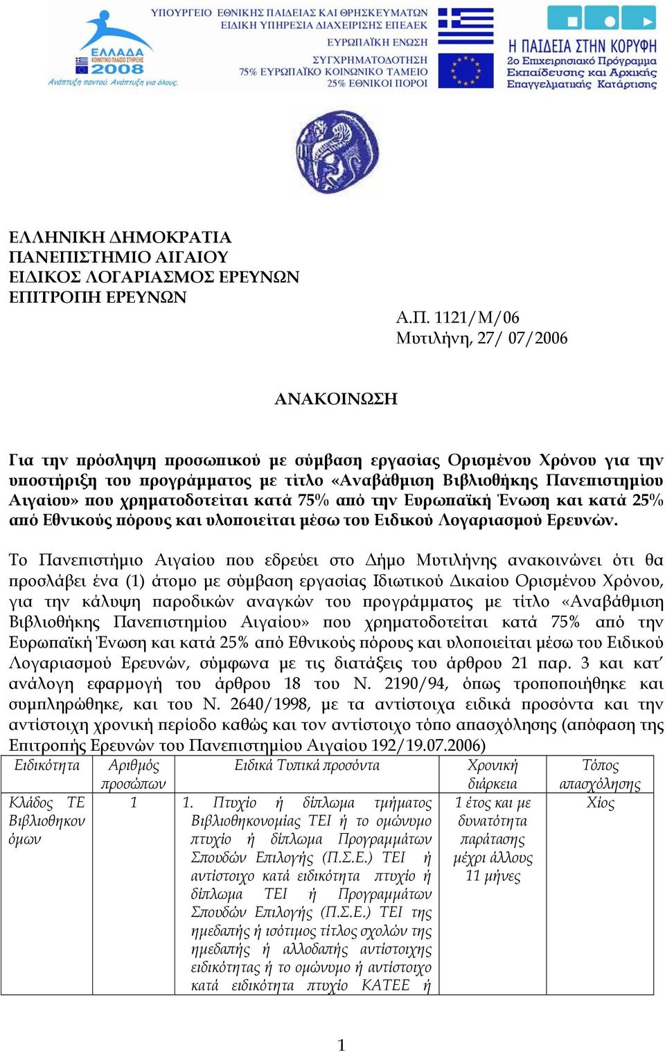 προγράµµατος µε τίτλο «Αναβάθµιση Βιβλιοθήκης Πανεπιστηµίου Αιγαίου» που χρηµατοδοτείται κατά 75% από την Ευρωπαϊκή Ένωση και κατά 25% από Εθνικούς πόρους και υλοποιείται µέσω του Ειδικού Λογαριασµού