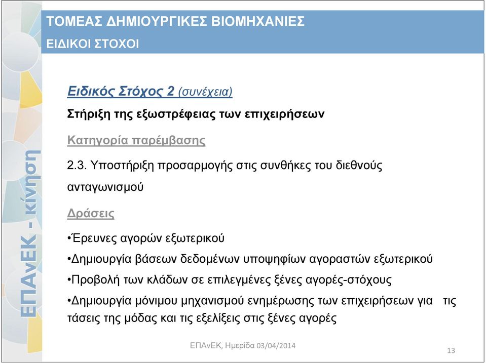 βάσεων δεδομένων υποψηφίων αγοραστών εξωτερικού Προβολή των κλάδων σε επιλεγμένες ξένες αγορές-στόχους