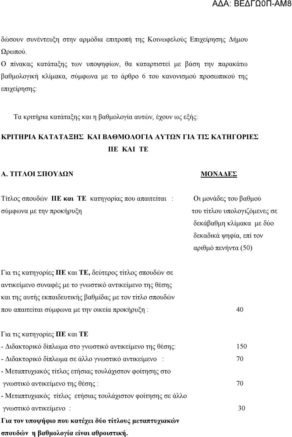 αυτών, έχουν ως εξής: ΚΡΙΤΗΡΙΑ ΚΑΤΑΤΑΞΗΣ ΚΑΙ ΒΑΘΜΟΛΟΓΙΑ ΑΥΤΩΝ ΓΙΑ ΤΙΣ ΚΑΤΗΓΟΡΙΕΣ ΠΕ ΚΑΙ ΤΕ Α.