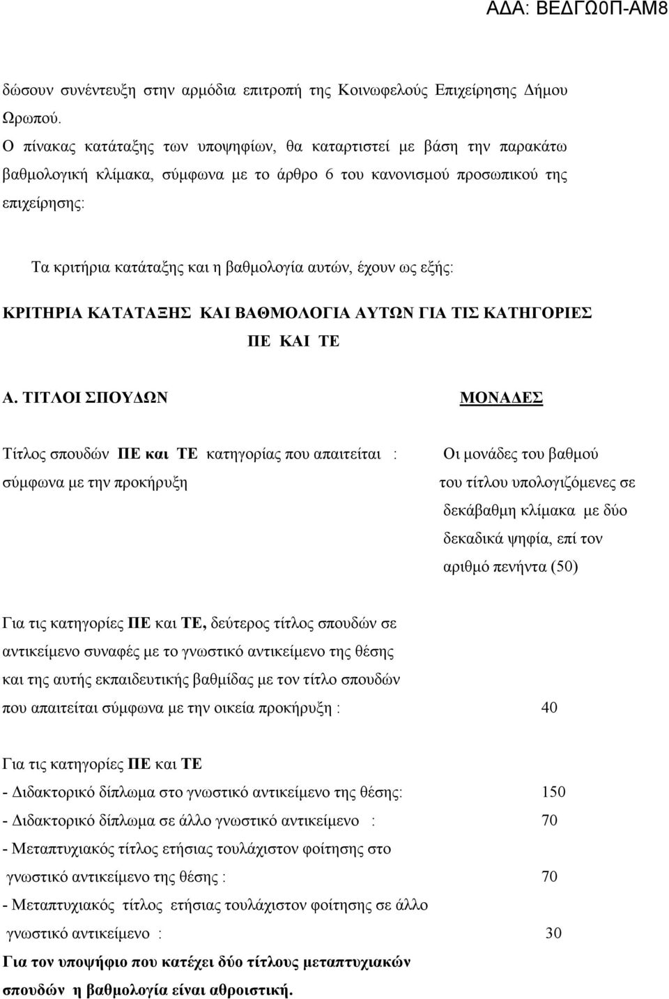 αυτών, έχουν ως εξής: ΚΡΙΤΗΡΙΑ ΚΑΤΑΤΑΞΗΣ ΚΑΙ ΒΑΘΜΟΛΟΓΙΑ ΑΥΤΩΝ ΓΙΑ ΤΙΣ ΚΑΤΗΓΟΡΙΕΣ ΠΕ ΚΑΙ ΤΕ Α.