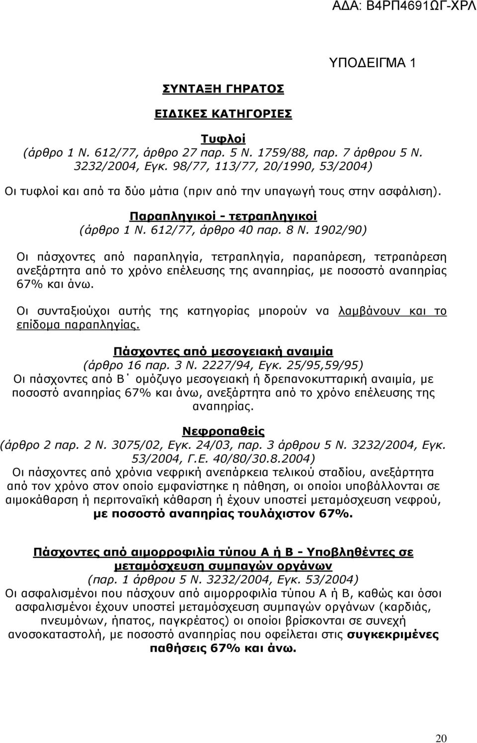 1902/90) Οι πάσχοντες από παραπληγία, τετραπληγία, παραπάρεση, τετραπάρεση ανεξάρτητα από το χρόνο επέλευσης της αναπηρίας, με ποσοστό αναπηρίας 67% και άνω.