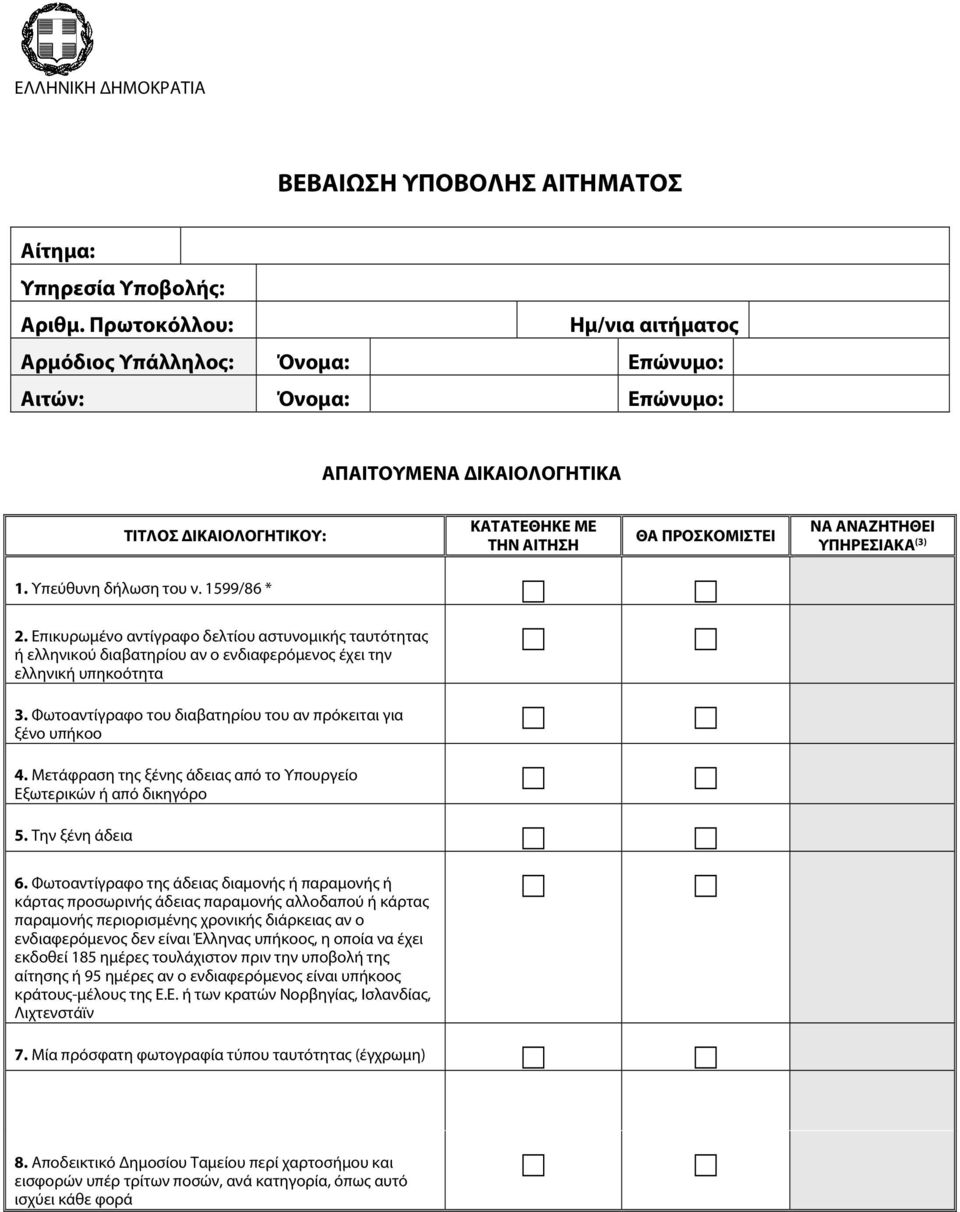 ΥΠΗΡΕΣΙΑΚΑ (3) 1. Υπεύθυνη δήλωση του ν. 1599/86 * 2. Επικυρωμένο αντίγραφο δελτίου αστυνομικής ταυτότητας ή ελληνικού διαβατηρίου αν ο ενδιαφερόμενος έχει την ελληνική υπηκοότητα 3.