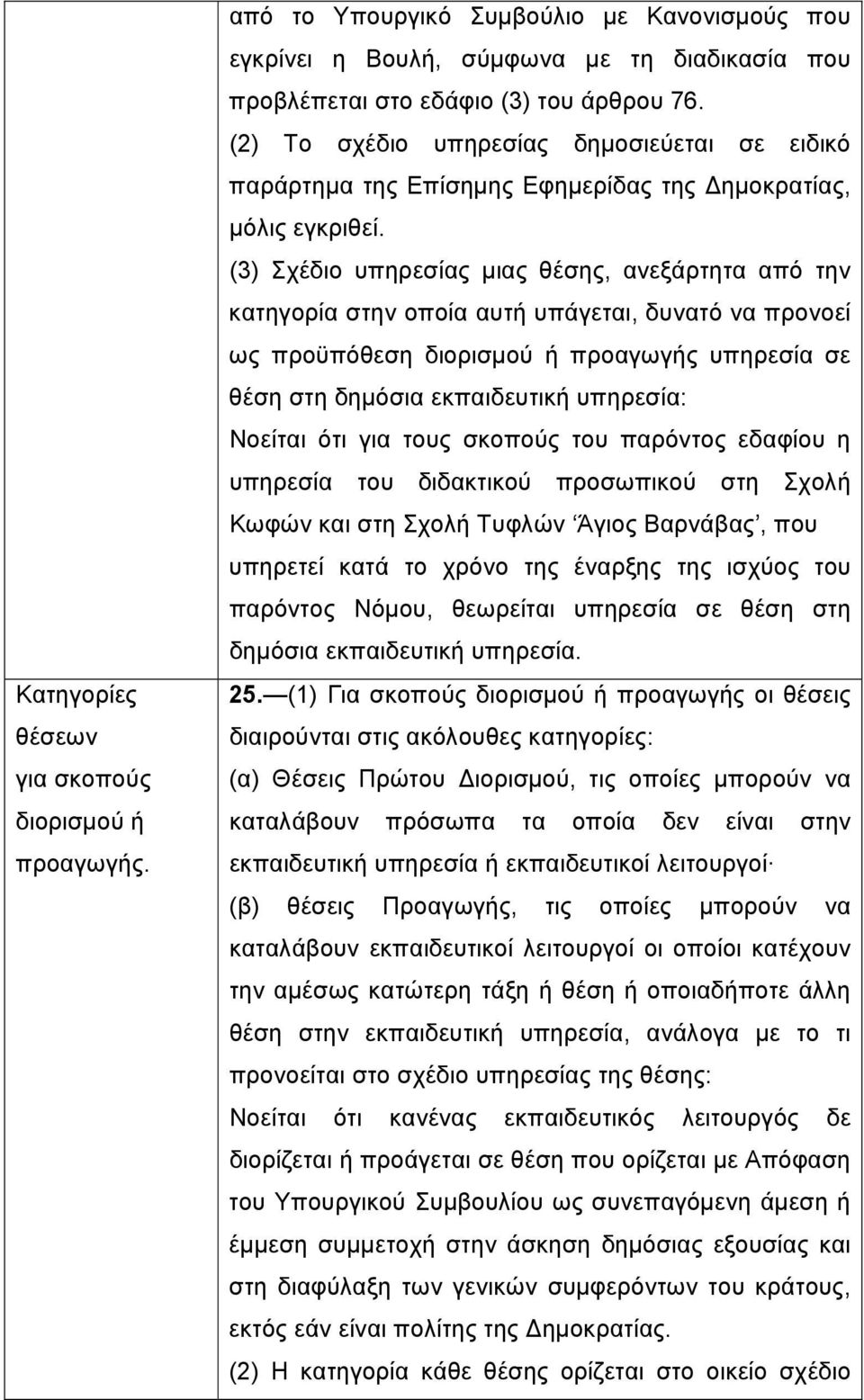 (3) Σχέδιο υπηρεσίας μιας θέσης, ανεξάρτητα από την κατηγορία στην οποία αυτή υπάγεται, δυνατό να προνοεί ως προϋπόθεση διορισμού ή προαγωγής υπηρεσία σε θέση στη δημόσια εκπαιδευτική υπηρεσία: