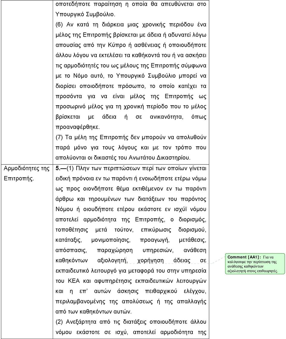 να ασκήσει τις αρμοδιότητές του ως μέλους της Επιτροπής σύμφωνα με το Νόμο αυτό, το Υπουργικό Συμβούλιο μπορεί να διορίσει οποιοδήποτε πρόσωπο, το οποίο κατέχει τα προσόντα για να είναι μέλος της