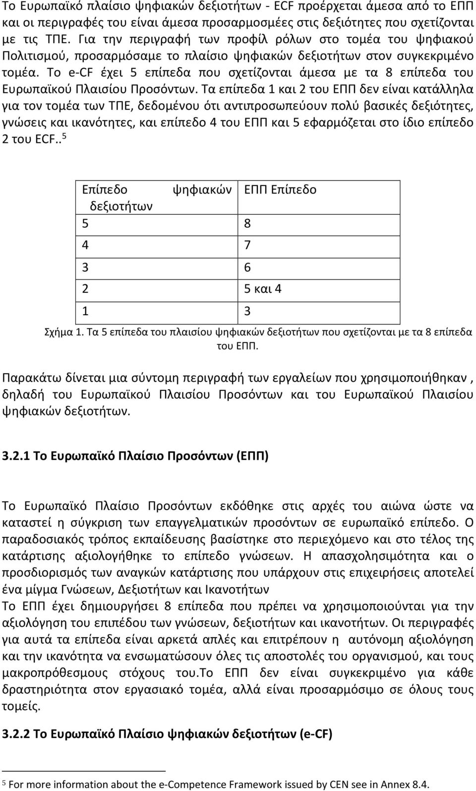Το e-cf έχει 5 επίπεδα που σχετίζονται άμεσα με τα 8 επίπεδα του Ευρωπαϊκού Πλαισίου Προσόντων.