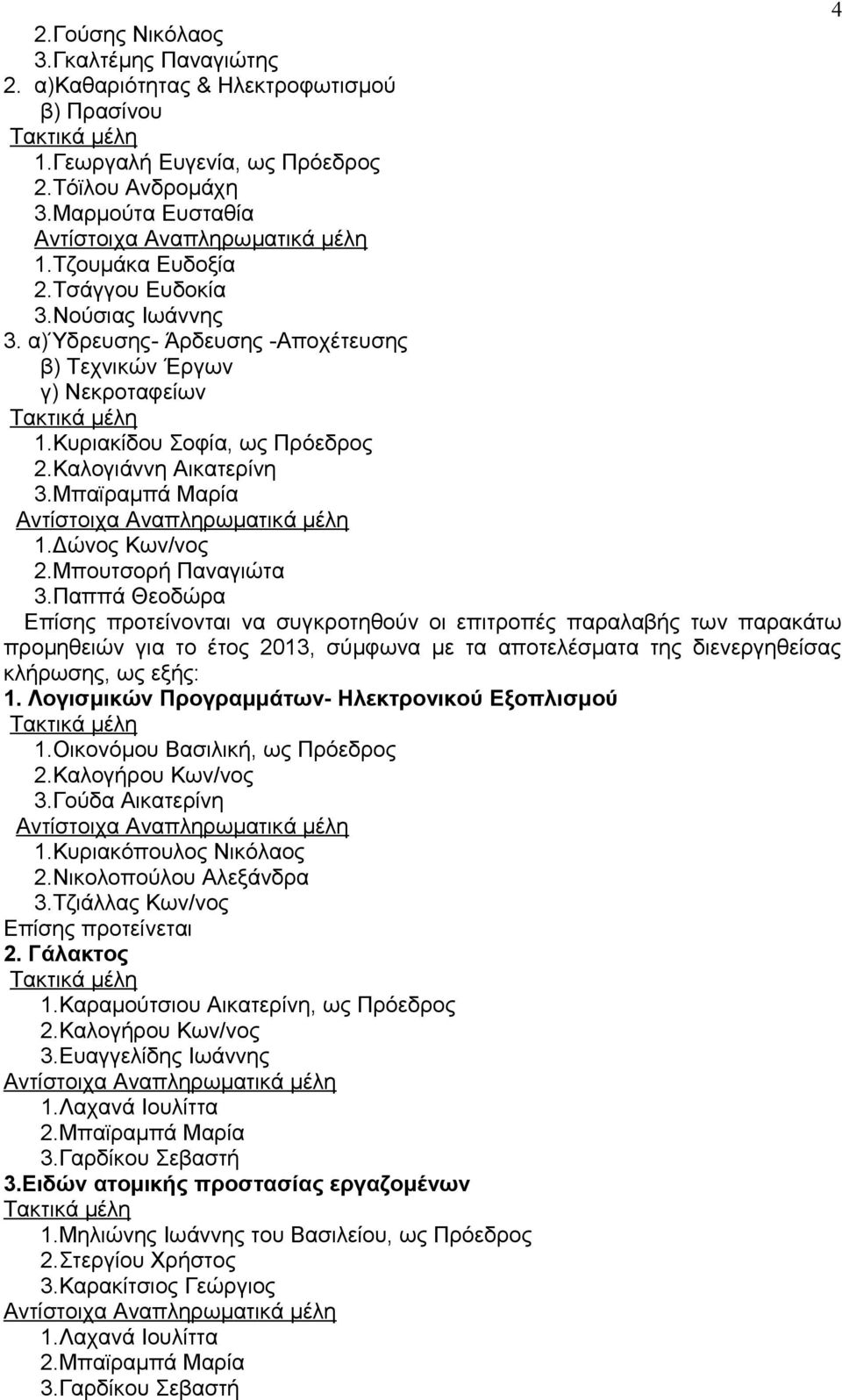 Παππά Θεοδώρα Επίσης προτείνονται να συγκροτηθούν οι επιτροπές παραλαβής των παρακάτω προμηθειών για το έτος 2013, σύμφωνα με τα αποτελέσματα της διενεργηθείσας κλήρωσης,
