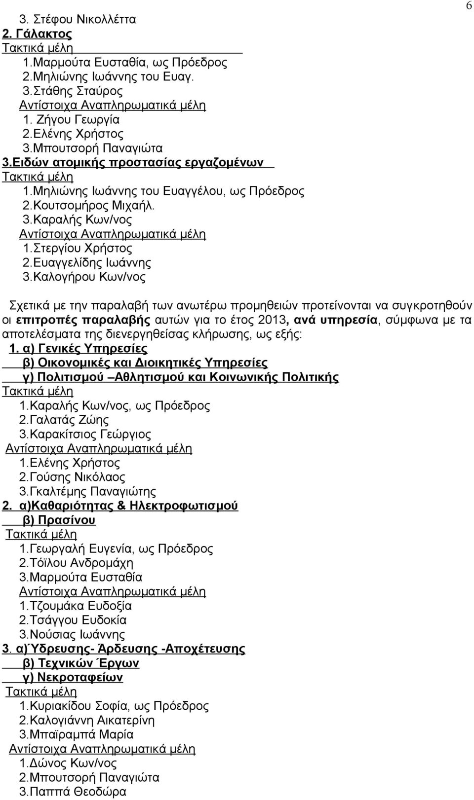 Καλογήρου Κων/νος 6 Σχετικά με την παραλαβή των ανωτέρω προμηθειών προτείνονται να συγκροτηθούν οι επιτροπές παραλαβής αυτών για το έτος 2013, ανά υπηρεσία, σύμφωνα με τα αποτελέσματα της