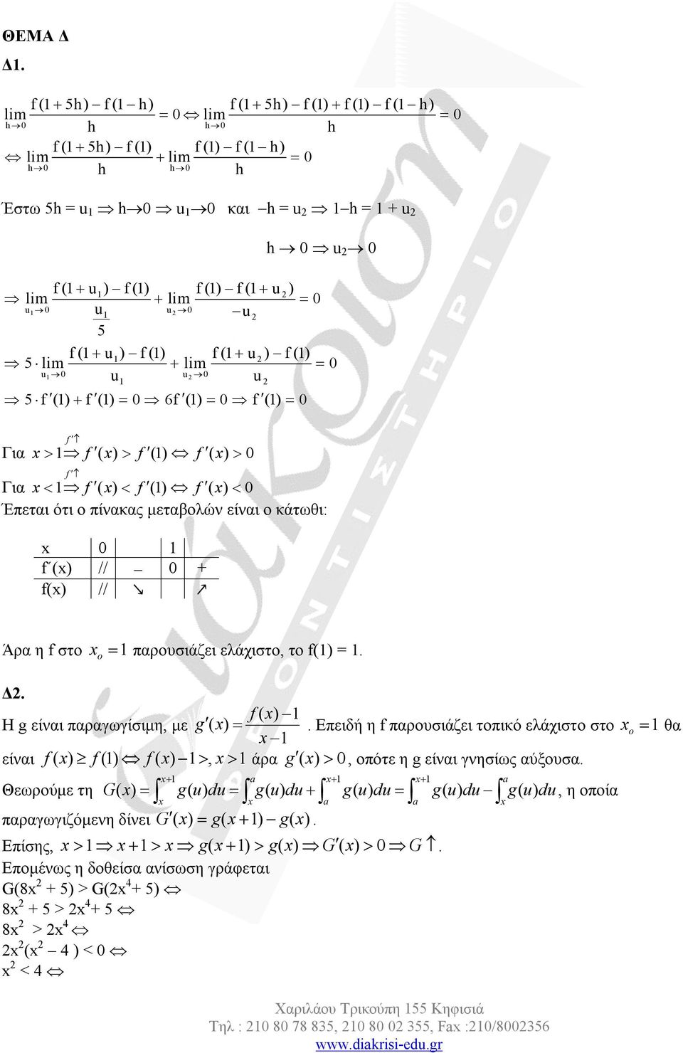 1 u 5 f (1 u ) f (1) f (1 u ) f (1) 1 5 lim lim u1 u u 1 u 5 f (1) f (1) 6f (1) f (1) f Για 1 f ( f (1) f ( f Για 1 f ( f (1) f ( Έπεται ότι ο πίνακας μεταβολών είναι ο κάτωθι: 1 f ( // + f( // Άρα η