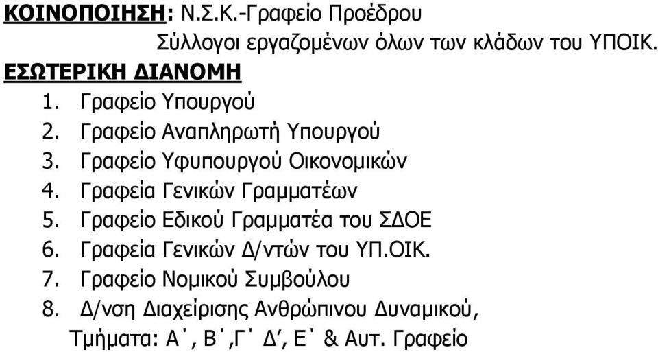 Γραφείο Υφυπουργού Οικονομικών 4. Γραφεία Γενικών Γραμματέων 5. Γραφείο Εδικού Γραμματέα του ΣΔΟΕ 6.