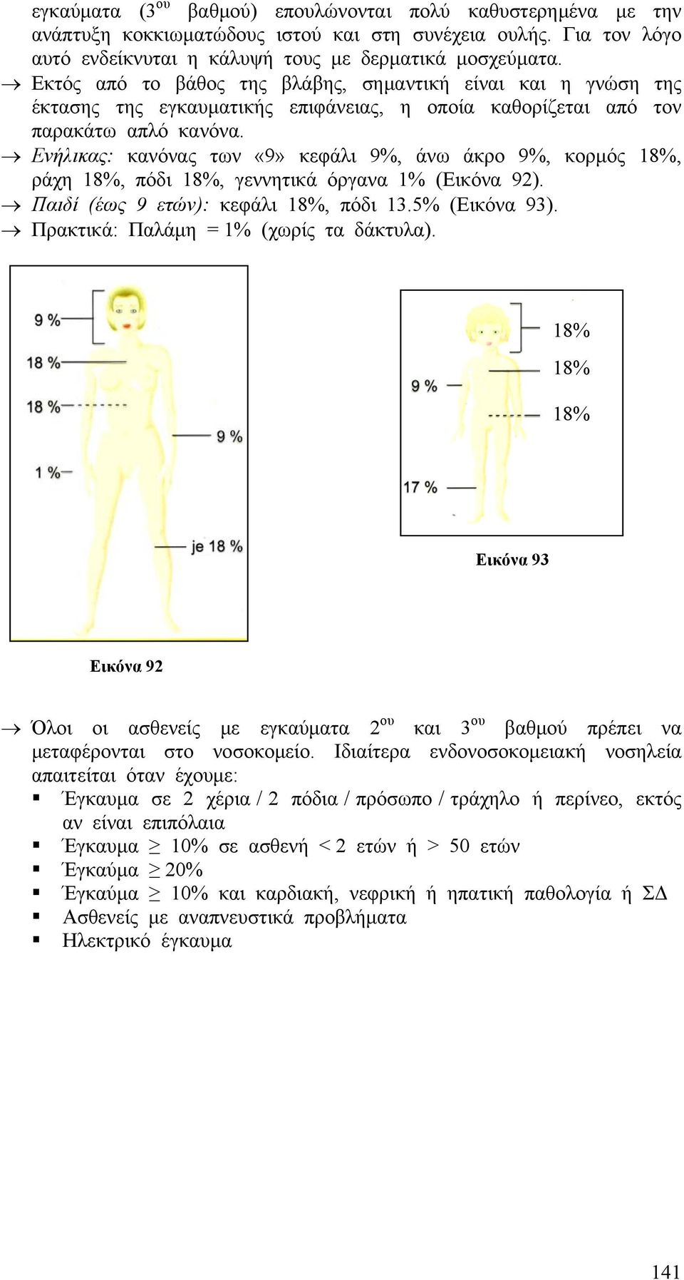 Ενήλικας: κανόνας των «9» κεφάλι 9%, άνω άκρο 9%, κορμός 18%, ράχη 18%, πόδι 18%, γεννητικά όργανα 1% (Εικόνα 92). Παιδί (έως 9 ετών): κεφάλι 18%, πόδι 13.5% (Εικόνα 93).