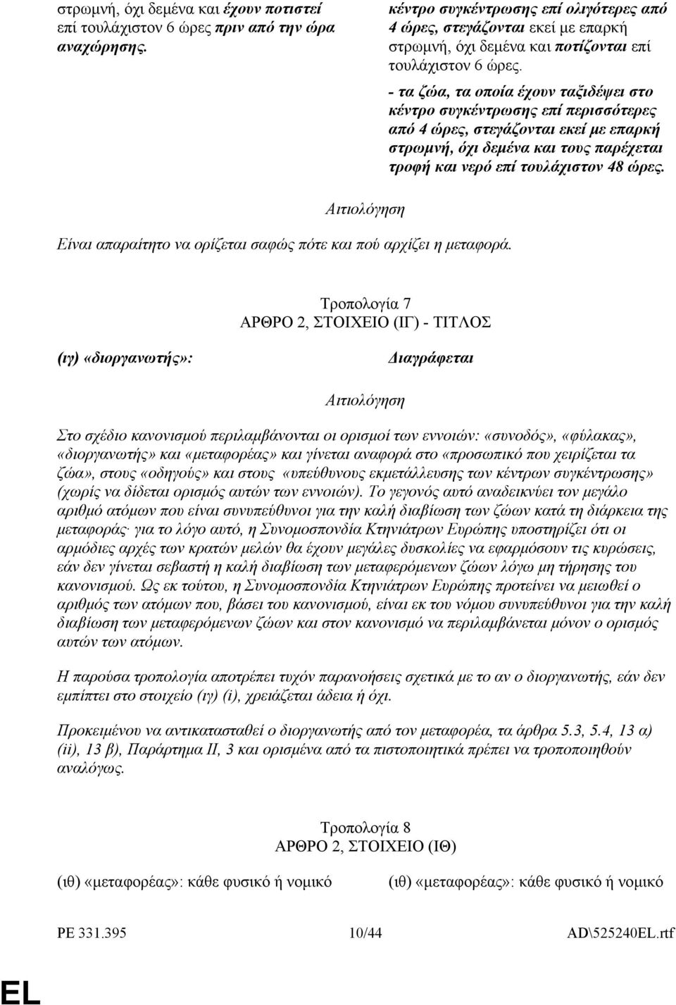 - τα ζώα, τα οποία έχουν ταξιδέψει στο κέντρο συγκέντρωσης επί περισσότερες από 4 ώρες, στεγάζονται εκεί µε επαρκή στρωµνή, όχι δεµένα και τους παρέχεται τροφή και νερό επί τουλάχιστον 48 ώρες.