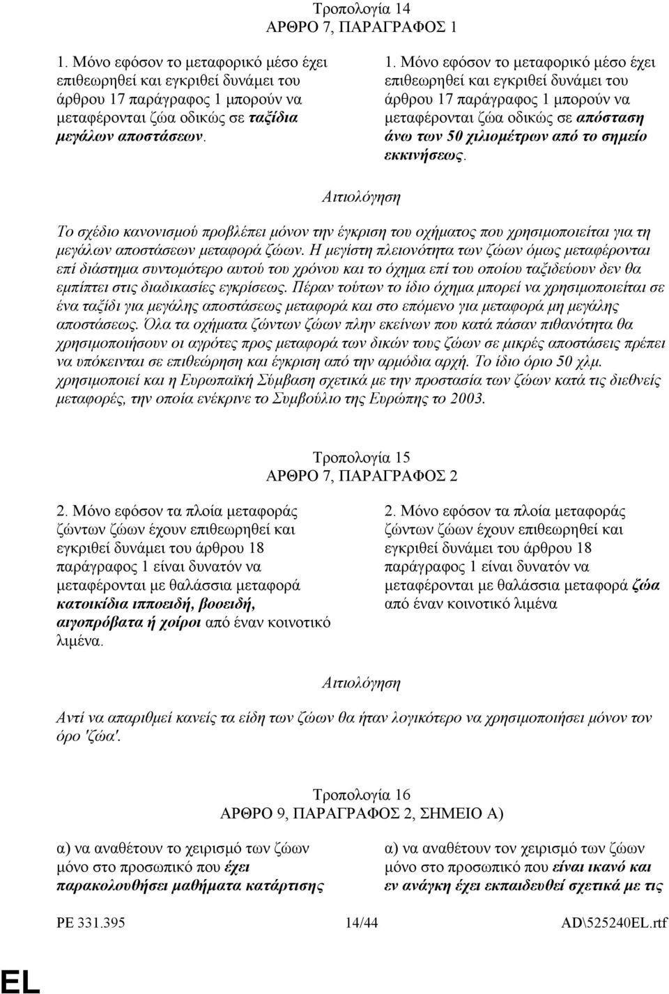 Το σχέδιο κανονισµού προβλέπει µόνον την έγκριση του οχήµατος που χρησιµοποιείται για τη µεγάλων αποστάσεων µεταφορά ζώων.