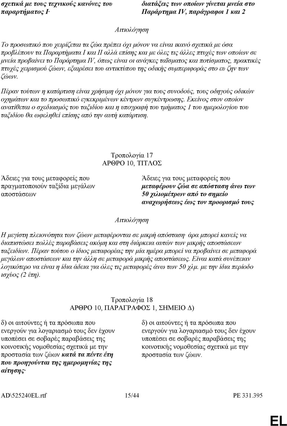 χειρισµού ζώων, εξαιρέσει του αντικτύπου της οδικής συµπεριφοράς στο ευ ζην των ζώων.