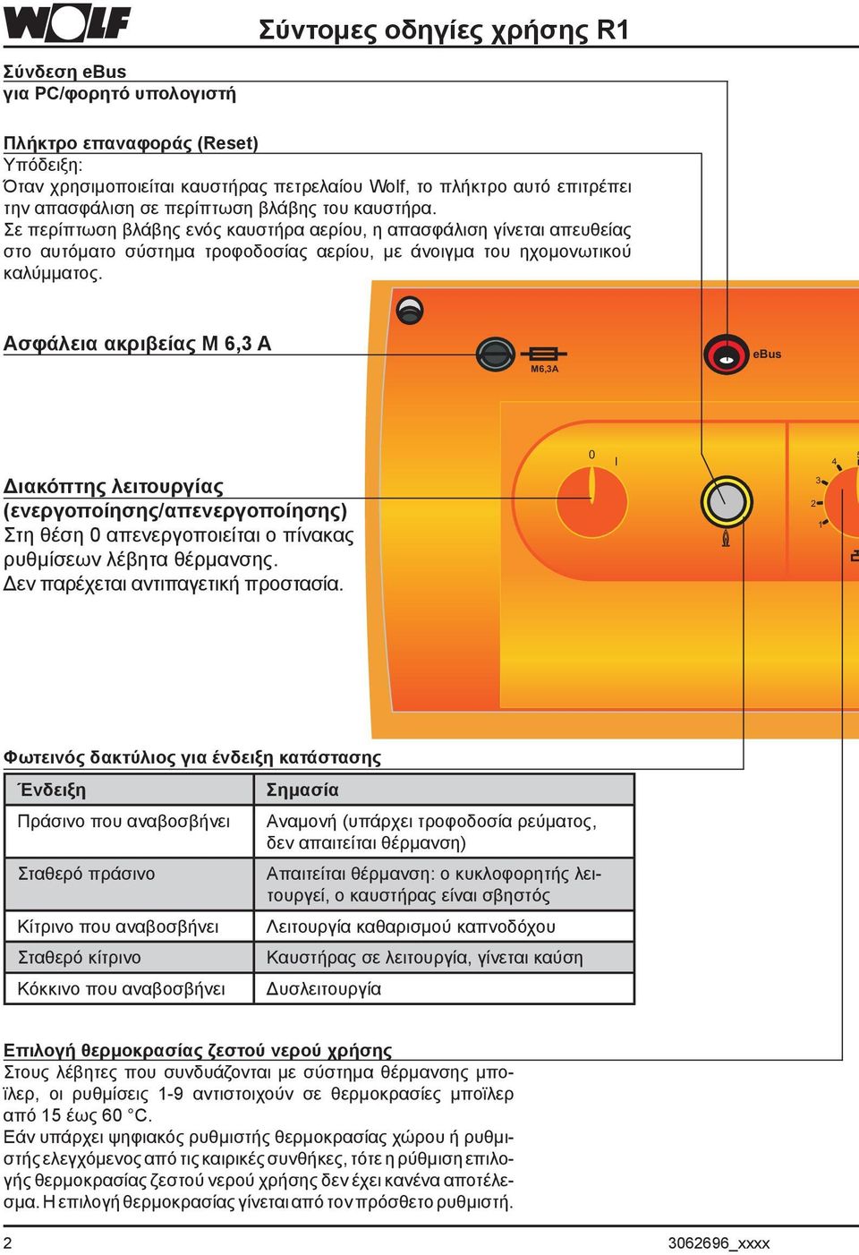 Ασφάλεια ακριβείας M 6,3 A M6,3A ebus Διακόπτης λειτουργίας (ενεργοποίησης/απενεργοποίησης) Στη θέση 0 απενεργοποιείται ο πίνακας ρυθμίσεων λέβητα θέρμανσης. Δεν παρέχεται αντιπαγετική προστασία.