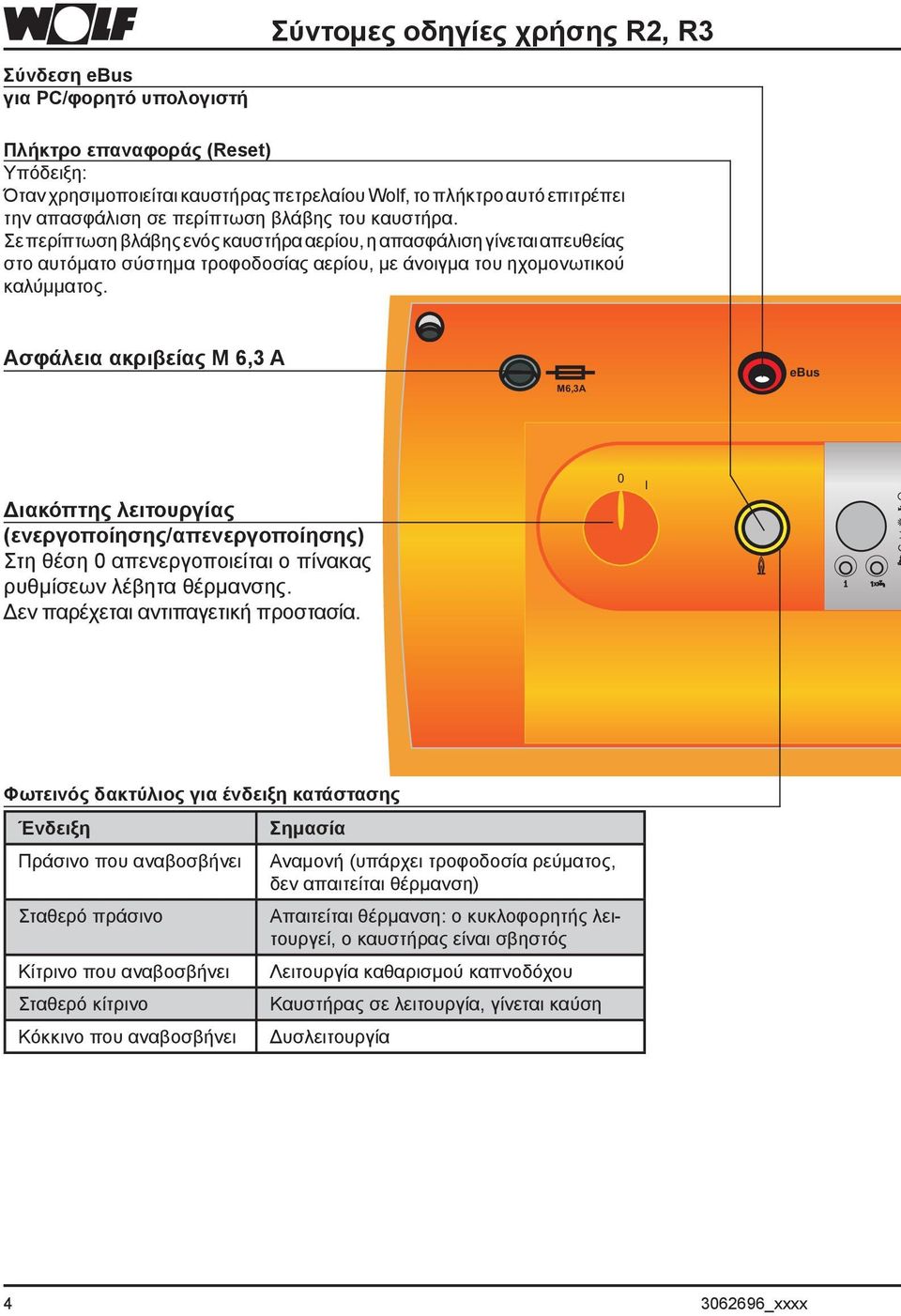 Ασφάλεια ακριβείας M 6,3 A M6,3A ebus Διακόπτης λειτουργίας (ενεργοποίησης/απενεργοποίησης) Στη θέση 0 απενεργοποιείται ο πίνακας ρυθμίσεων λέβητα θέρμανσης. Δεν παρέχεται αντιπαγετική προστασία.