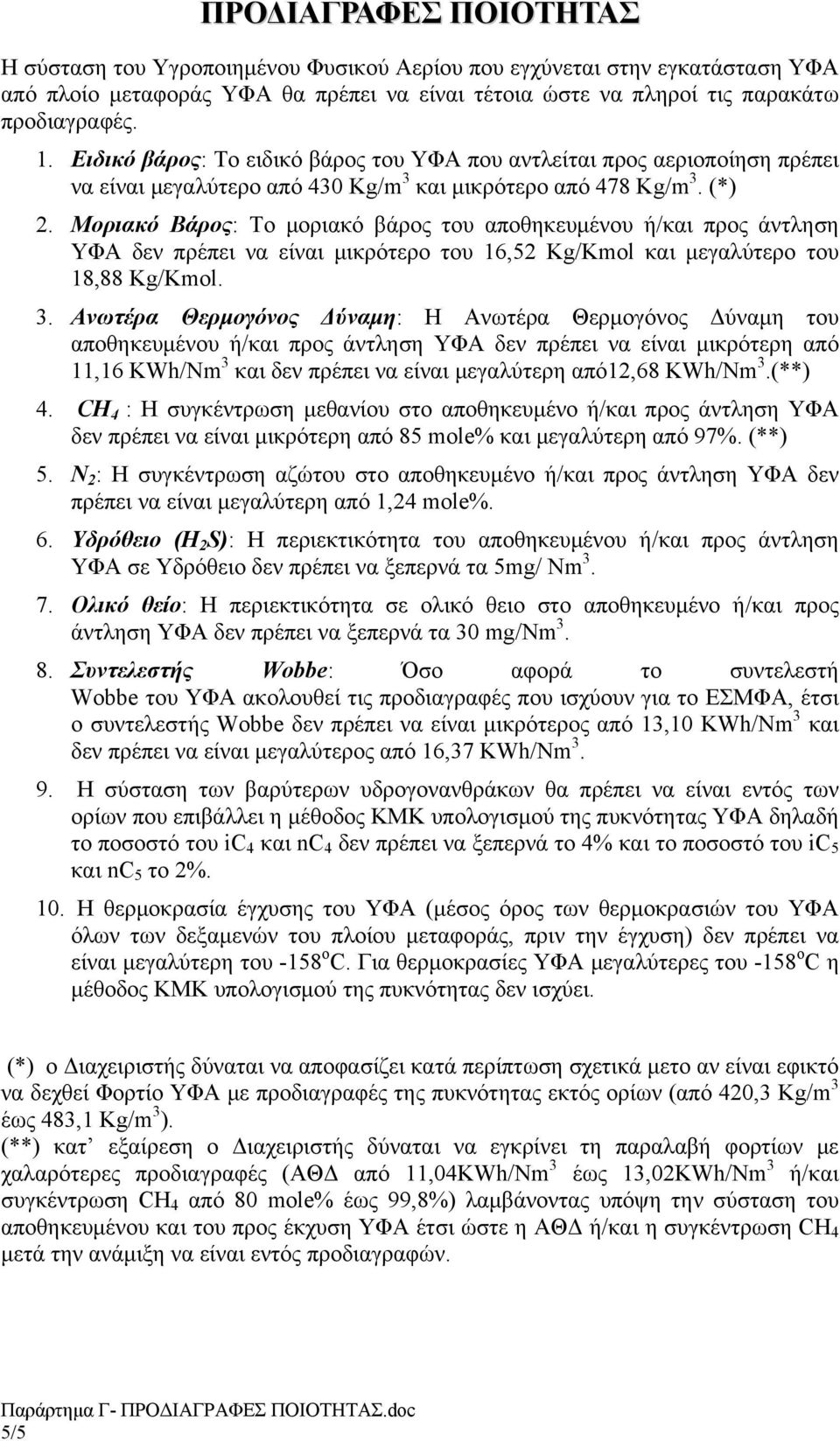 Μοριακό Βάρος: Το μοριακό βάρος του αποθηκευμένου ή/και προς άντληση ΥΦΑ δεν πρέπει να είναι μικρότερο του 16,52 Kg/Kmol και μεγαλύτερο του 18,88 Kg/Kmol. 3.