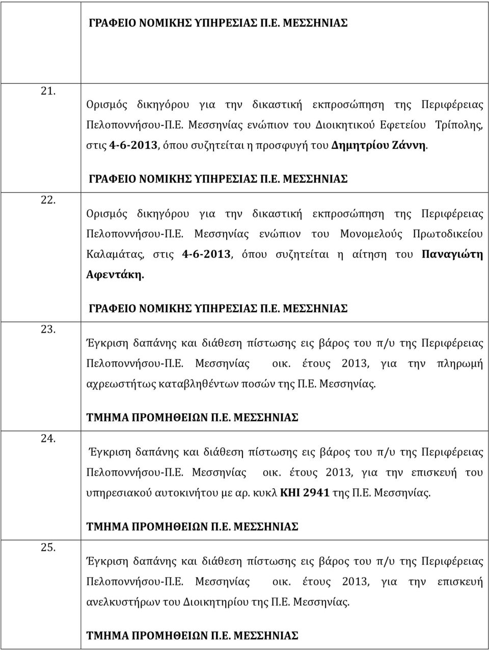 23. ΓΡΑΦΕΙΟ ΝΟΜΙΚΗΣ ΥΠΗΡΕΣΙΑΣ Π.Ε. ΜΕΣΣΗΝΙΑΣ Πελοποννήσου-Π.Ε. Μεσσηνίας οικ. έτους 2013, για την πληρωμή αχρεωστήτως καταβληθέντων ποσών της Π.Ε. Μεσσηνίας. 24. ΤΜΗΜΑ ΠΡΟΜΗΘΕΙΩΝ Π.Ε. ΜΕΣΣΗΝΙΑΣ Πελοποννήσου-Π.Ε. Μεσσηνίας οικ. έτους 2013, για την επισκευή του υπηρεσιακού αυτοκινήτου με αρ.