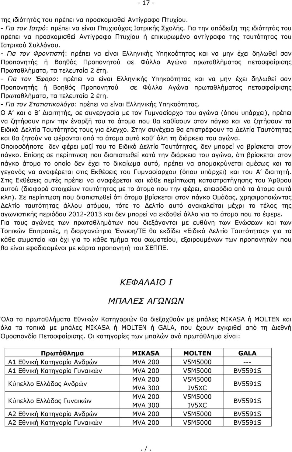 - Για τον Φροντιστή: πρέπει να είναι Ελληνικής Υπηκοότητας και να μην έχει δηλωθεί σαν Προπονητής ή Βοηθός Προπονητού σε Φύλλο Αγώνα πρωταθλήματος πετοσφαίρισης Πρωταθλήματα, τα τελευταία 2 έτη.