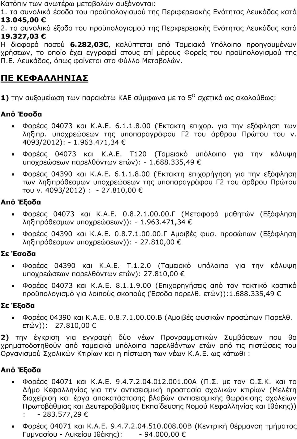 282,03, καλύπτεται από Ταμειακό Υπόλοιπο προηγουμένων χρήσεων, το οποίο έχει εγγραφεί στους επί μέρους Φορείς του προϋπολογισμού της Π.Ε. Λευκάδας, όπως φαίνεται στο Φύλλο Μεταβολών.