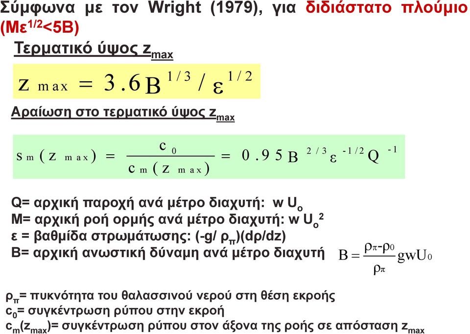 95Β ε Q m m a x -1 Q= αρχική παροχή ανά μέτρο διαχυτή: w U o M= αρχική ροή ορμής ανά μέτρο διαχυτή: wu o 2 ε = βαθμίδα στρωμάτωσης: (-g/ ρ π