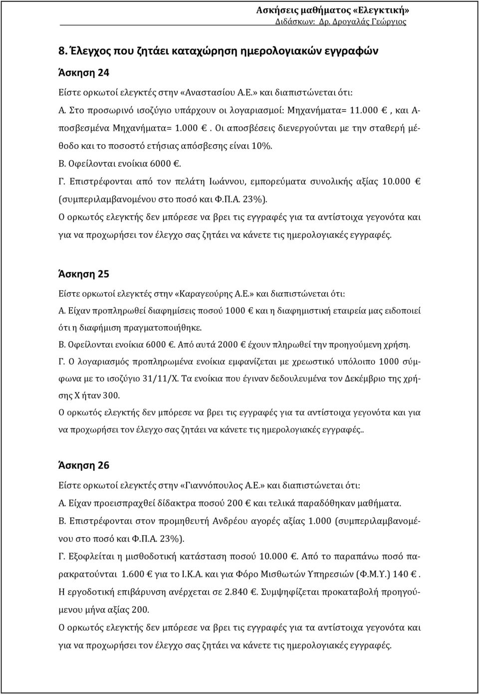 Β. Οφείλονται ενοίκια 6000. Γ. Επιστρέφονται από τον πελάτη Ιωάννου, εμπορεύματα συνολικής αξίας 10.000 (συμπεριλαμβανομένου στο ποσό και Φ.Π.Α. 23%).