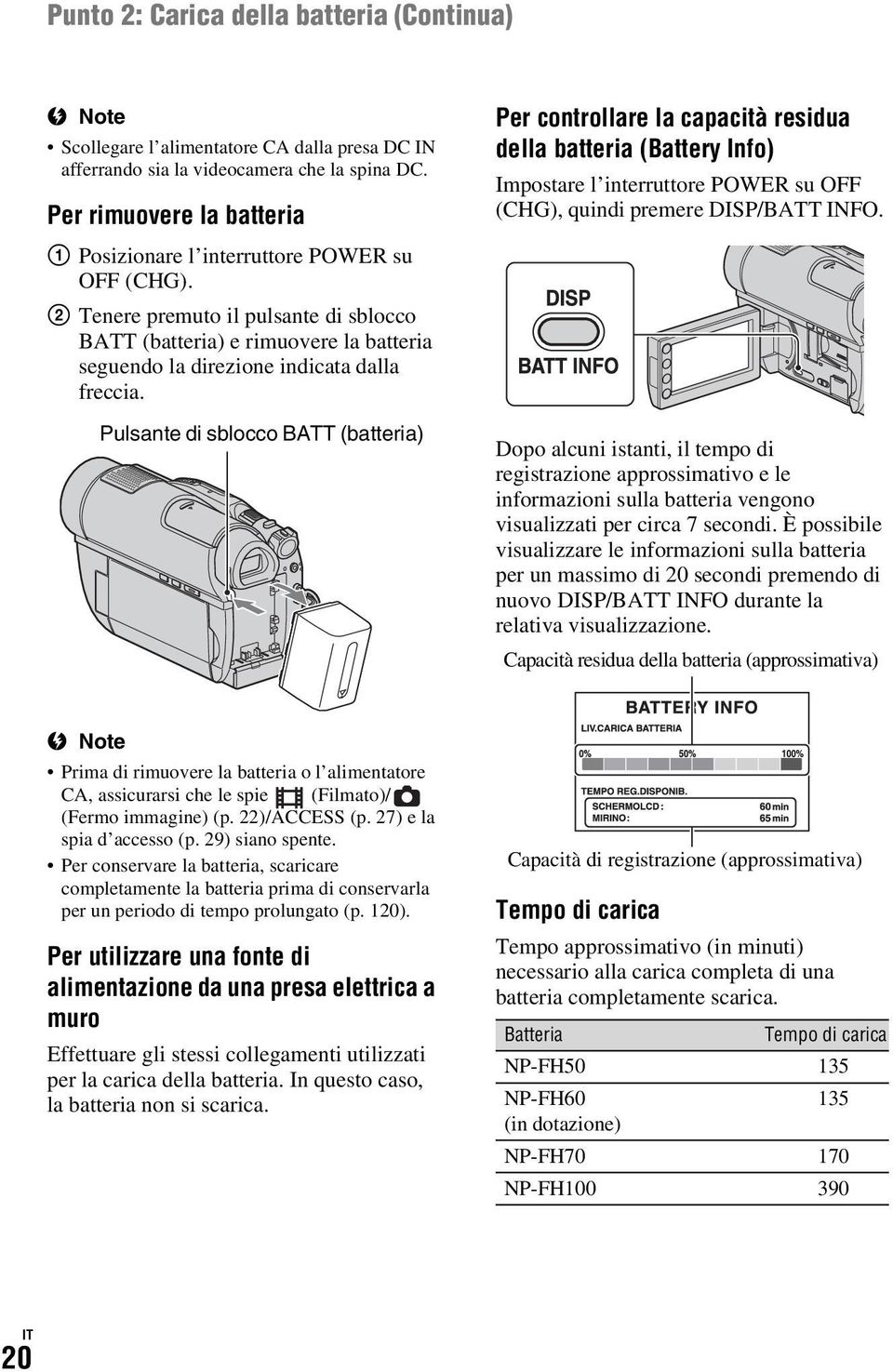 Pulsante di sblocco BATT (batteria) Per controllare la capacità residua della batteria (Battery Info) Impostare l interruttore POWER su OFF (CHG), quindi premere DISP/BATT INFO.