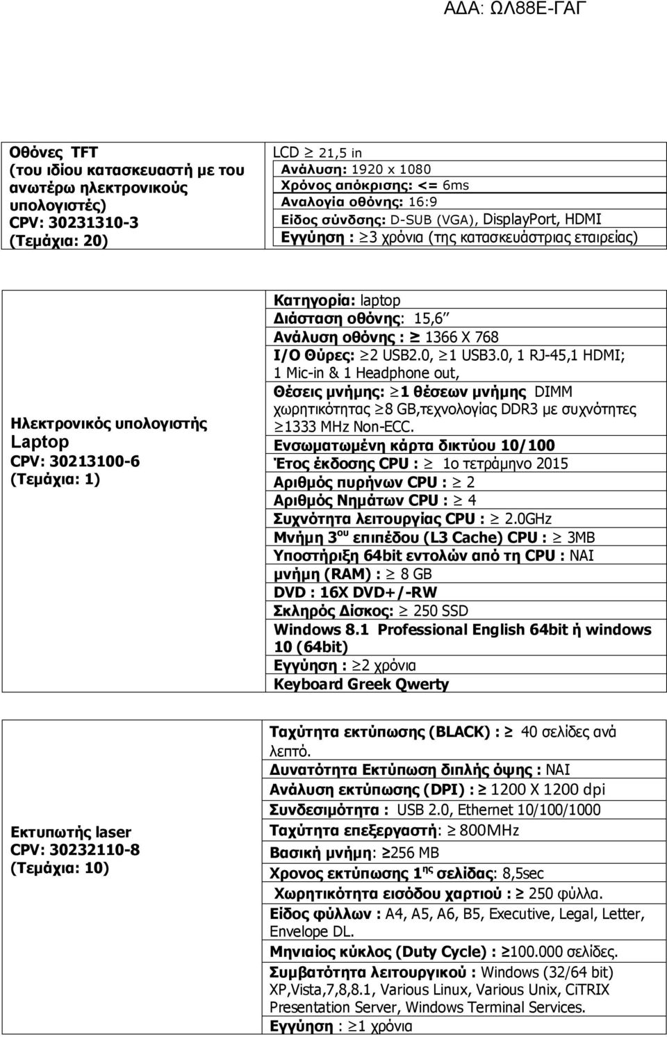 οθόνης : 1366 Χ 768 I/O Θύρες: 2 USB2.0, 1 USB3.0, 1 RJ-45,1 HDMI; 1 Mic-in & 1 Headphone out, Θέσεις μνήμης: 1 θέσεων μνήμης DIMM χωρητικότητας 8 GB,τεχνολογίας DDR3 με συχνότητες 1333 MHz Non-ECC.