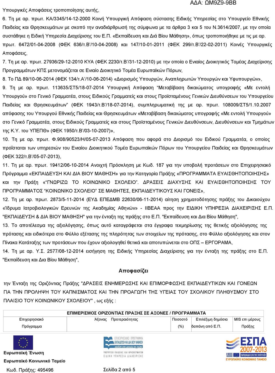 3614/2007, με την οποία συστάθηκε η Ειδική Υπηρεσία Διαχείρισης του Ε.Π. «Εκπαίδευση και Διά Βίου», όπως τροποποιήθηκε με τις με αρ. πρωτ. 6472/01-04-2008 (ΦΕΚ 636/τ.