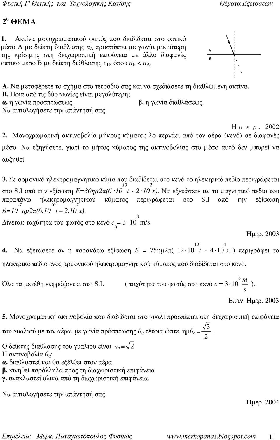 διάθλασης n Β, όπου n Β < n Α. Α. Να µεταφέρετε το σχήµα στο τετράδιό σας και να σχεδιάσετε τη διαθλώµενη ακτίνα. Β. Ποια από τις δύο γωνίες είναι µεγαλύτερη; α. η γωνία προσπτώσεως, β.