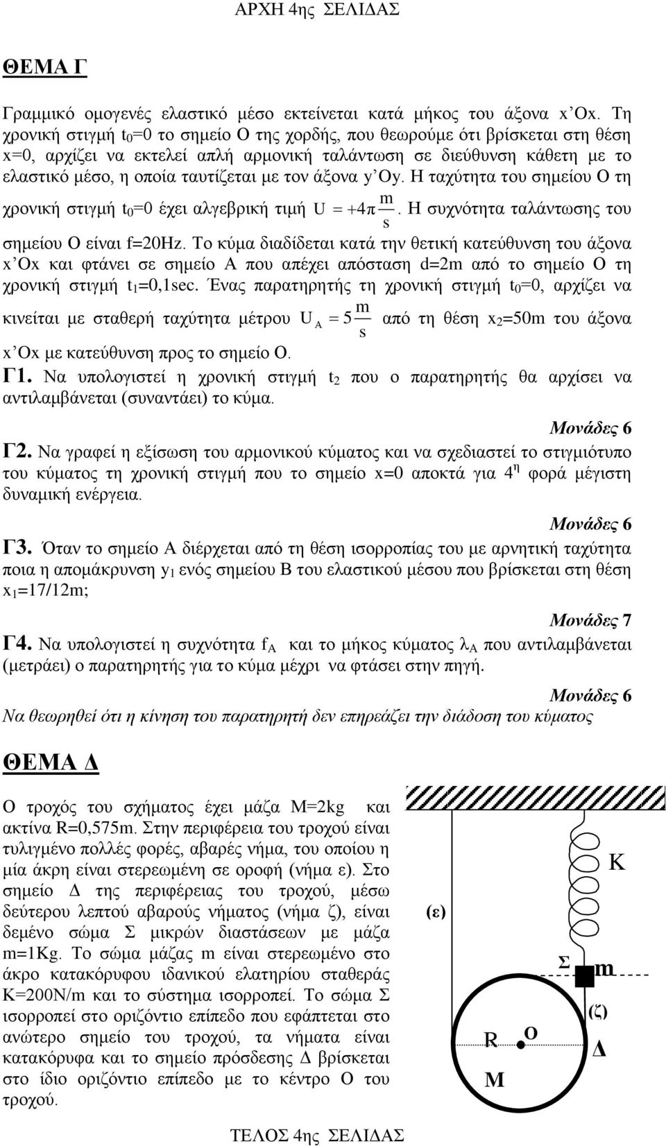 άξονα y Oy. Η ταχύτητα του σημείου Ο τη χρονική στιγμή t 0 =0 έχει αλγεβρική τιμή 4π. Η συχνότητα ταλάντωσης του s σημείου Ο είναι f=0hz.