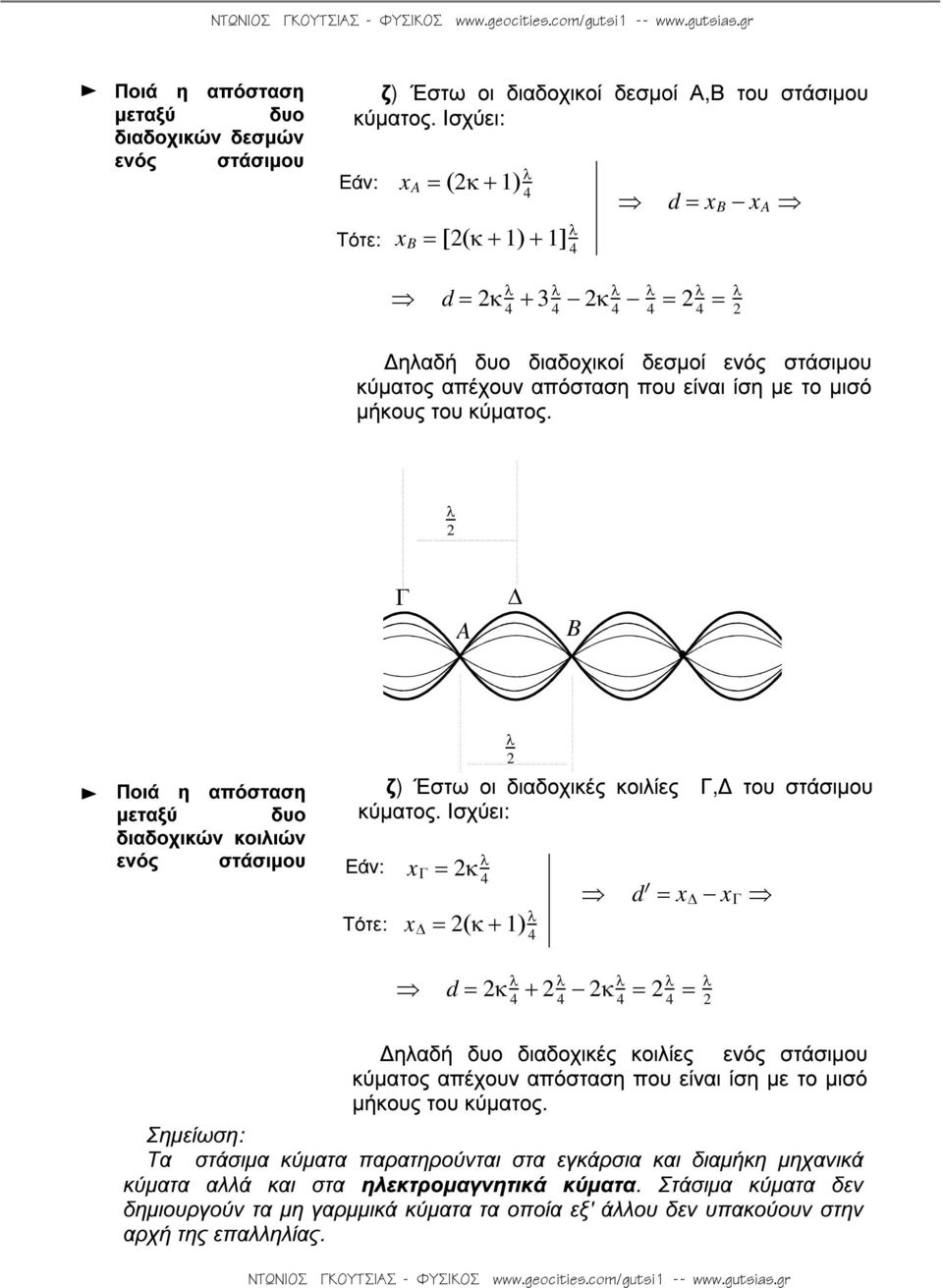 µήκους του κύµατος. λ 2 Γ Ποιά η απόσταση µεταξύ δυο διαδοχικών κοιλιών ενός στάσιµου Εάν: x = 2κ λ Γ 4 λ 2 ζ) Έστω οι διαδοχικές κοιλίες Γ, του στάσιµου κύµατος.