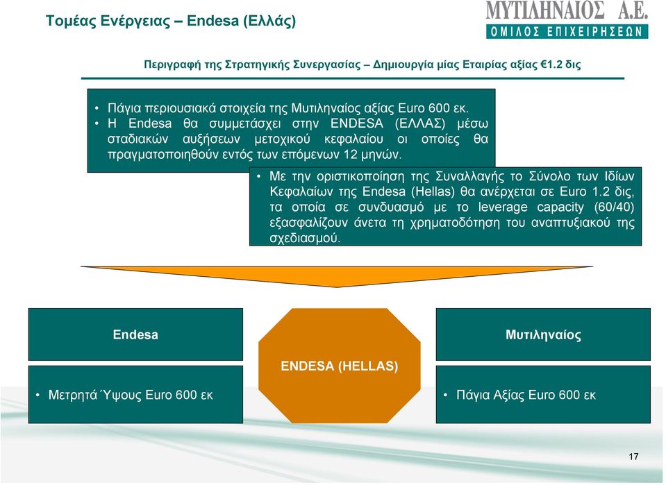Η Endesa θα συµµετάσχει στην ENDESA (ΕΛΛΑΣ) µέσω σταδιακών αυξήσεων µετοχικού κεφαλαίου οι οποίες θα πραγµατοποιηθούν εντός των επόµενων 12 µηνών.