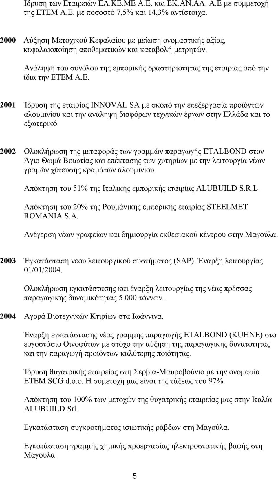 ΕΜ Α.Ε. 2001 Ίδρυση της εταιρίας INNOVAL SA µε σκοπό την επεξεργασία προϊόντων αλουµινίου και την ανάληψη διαφόρων τεχνικών έργων στην Ελλάδα και το εξωτερικό 2002 Ολοκλήρωση της µεταφοράς των