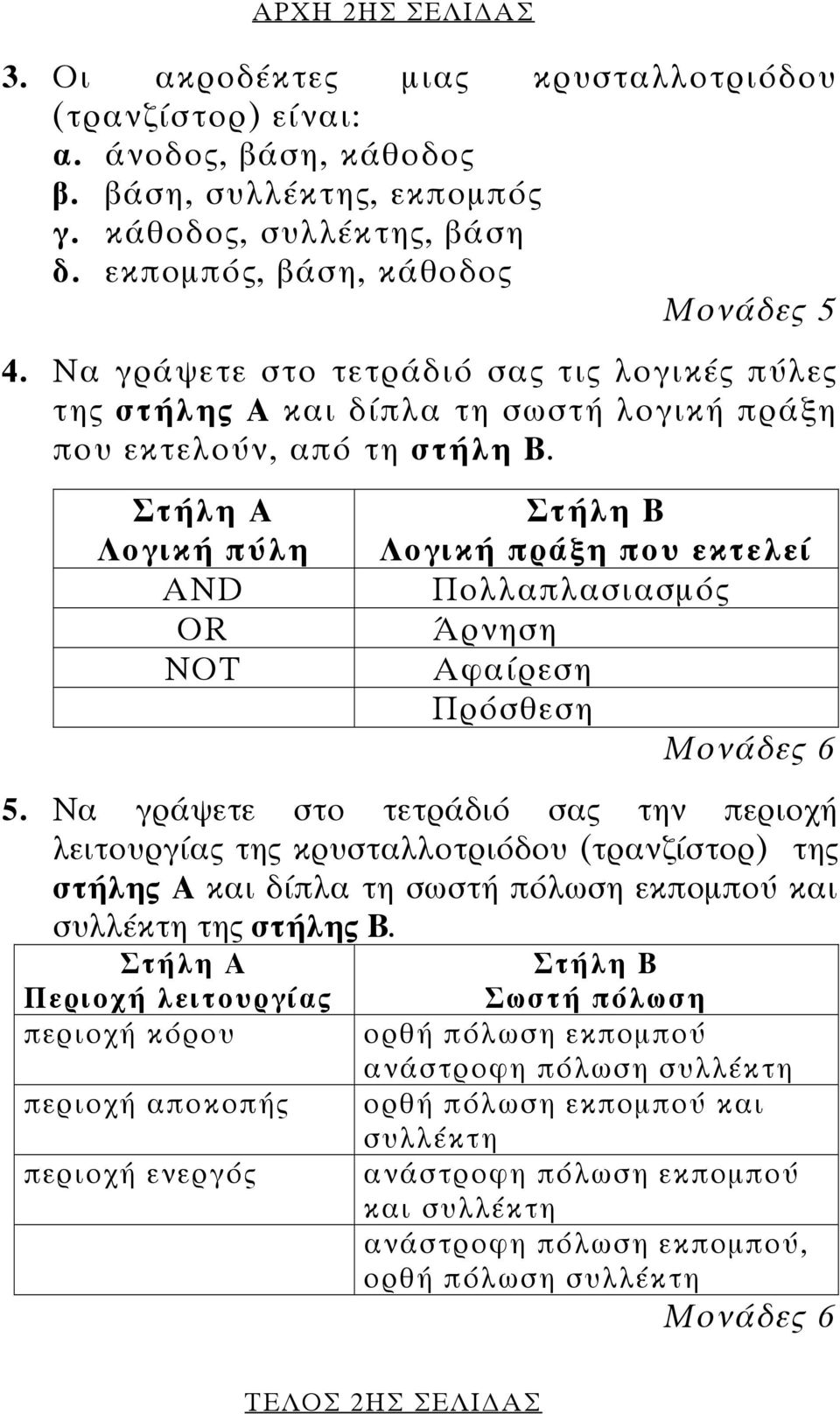 Στήλη Α Λογική πύλη AND ΟR ΝΟΤ Στήλη Β Λογική πράξη που εκτελεί Πολλαπλασιασµός Άρνηση Αφαίρεση Πρόσθεση Μονάδες 6 5.