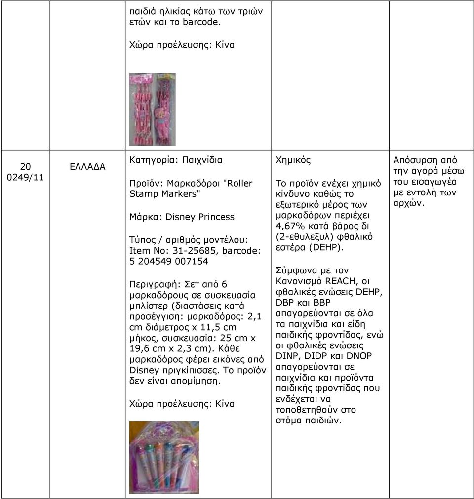 προσέγγιση: µαρκαδόρος: 2,1 cm διάµετρος x 11,5 cm µήκος, συσκευασία: 25 cm x 19,6 cm x 2,3 cm). Κάθε µαρκαδόρος φέρει εικόνες από Disney πριγκίπισσες. Το προϊόν δεν είναι αποµίµηση.