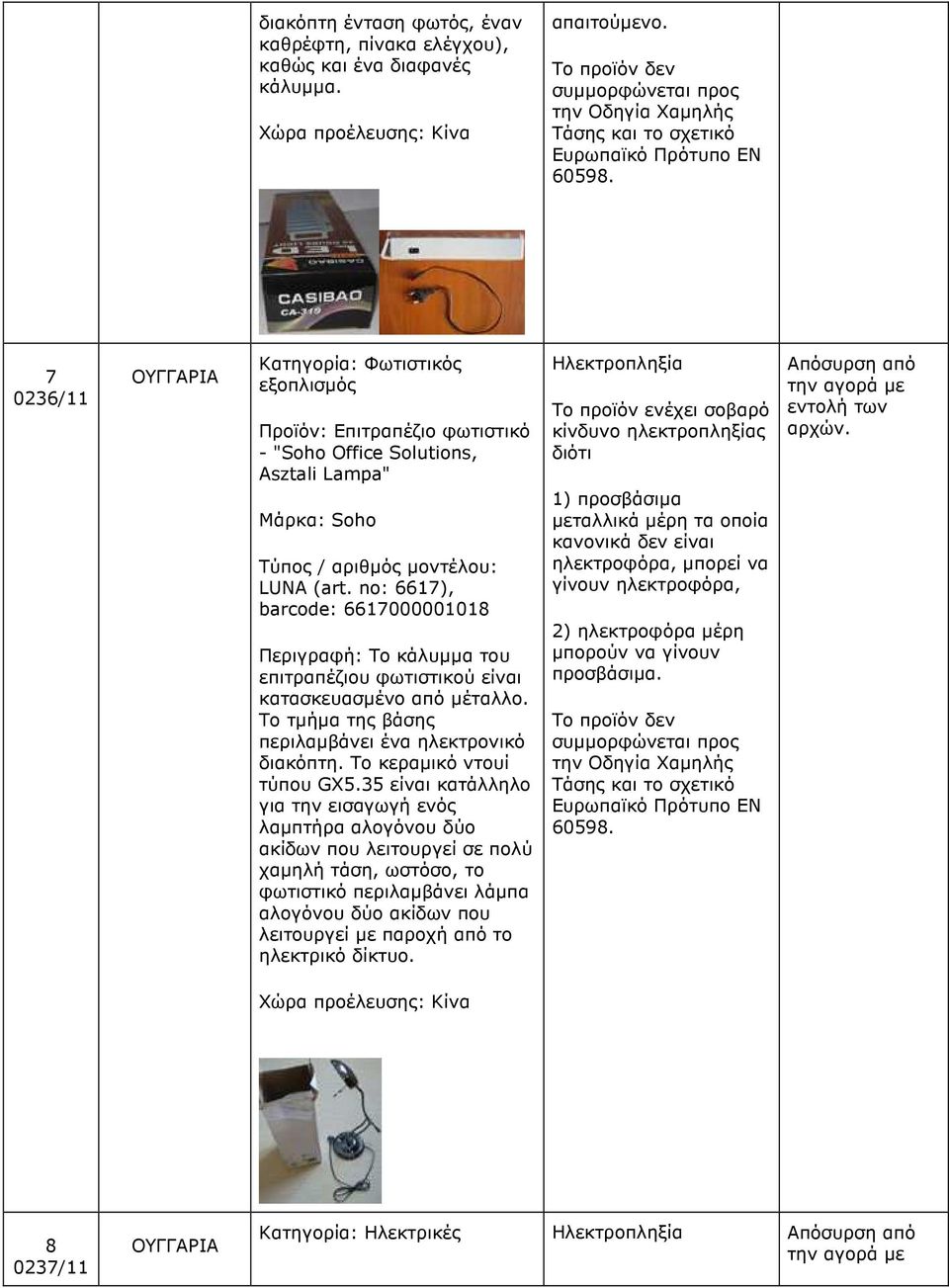 no: 6617), barcode: 6617000001018 Περιγραφή: Το κάλυµµα του επιτραπέζιου φωτιστικού είναι κατασκευασµένο από µέταλλο. Το τµήµα της βάσης περιλαµβάνει ένα ηλεκτρονικό διακόπτη.