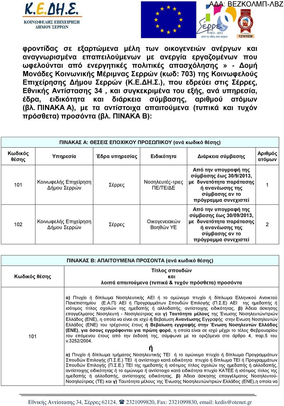 .), πνπ εδξεύεη ζηηο έξξεο, Δζληθήο Αληίζηαζεο 34, θαη ζπγθεθξηκέλα ηνπ εμήο, αλά ππεξεζία, έδξα, εηδηθόηεηα θαη δηάξθεηα ζύκβαζεο, αξηζκνύ αηόκσλ (βι.