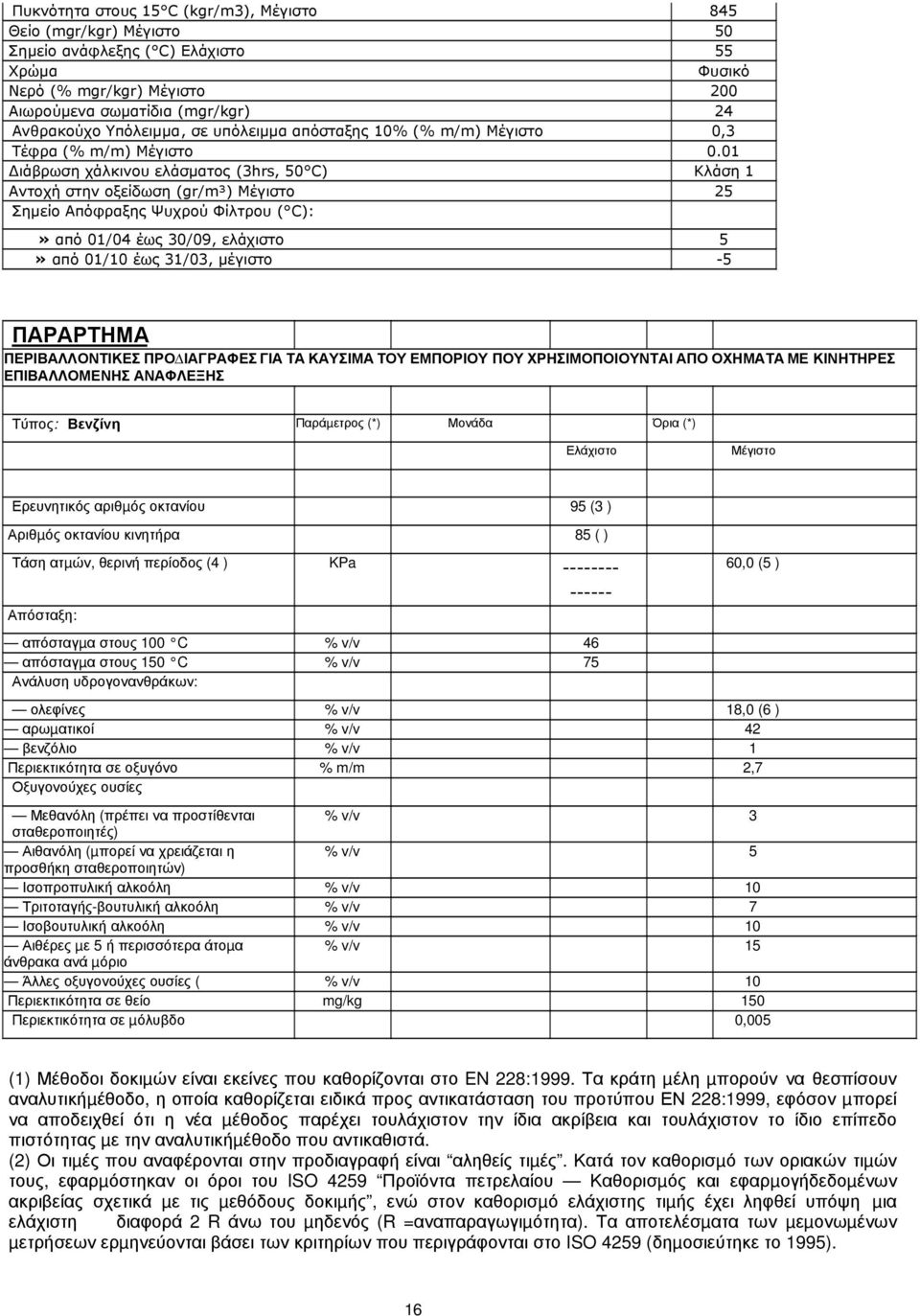 01 ιάβρωση χάλκινου ελάσµατος (3hrs, 50 C) Κλάση 1 Αντοχή στην οξείδωση (gr/m³) Μέγιστο 25 Σηµείο Απόφραξης Ψυχρού Φίλτρου ( C):» από 01/04 έως 30/09, ελάχιστο 5» από 01/10 έως 31/03, µέγιστο -5