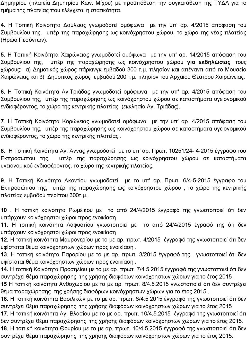 14/2015 απόφαση του Συμβουλίου της, υπέρ της παραχώρησης ως κοινόχρηστου χώρου για εκδηλώσεις, τους χώρους: α) Δημοτικός χώρος πάρκινγκ εμβαδού 300 τ.μ. πλησίον και απέναντι από το Μουσείο Χαιρώνειας και β) Δημοτικός χώρος εμβαδού 200 τ.