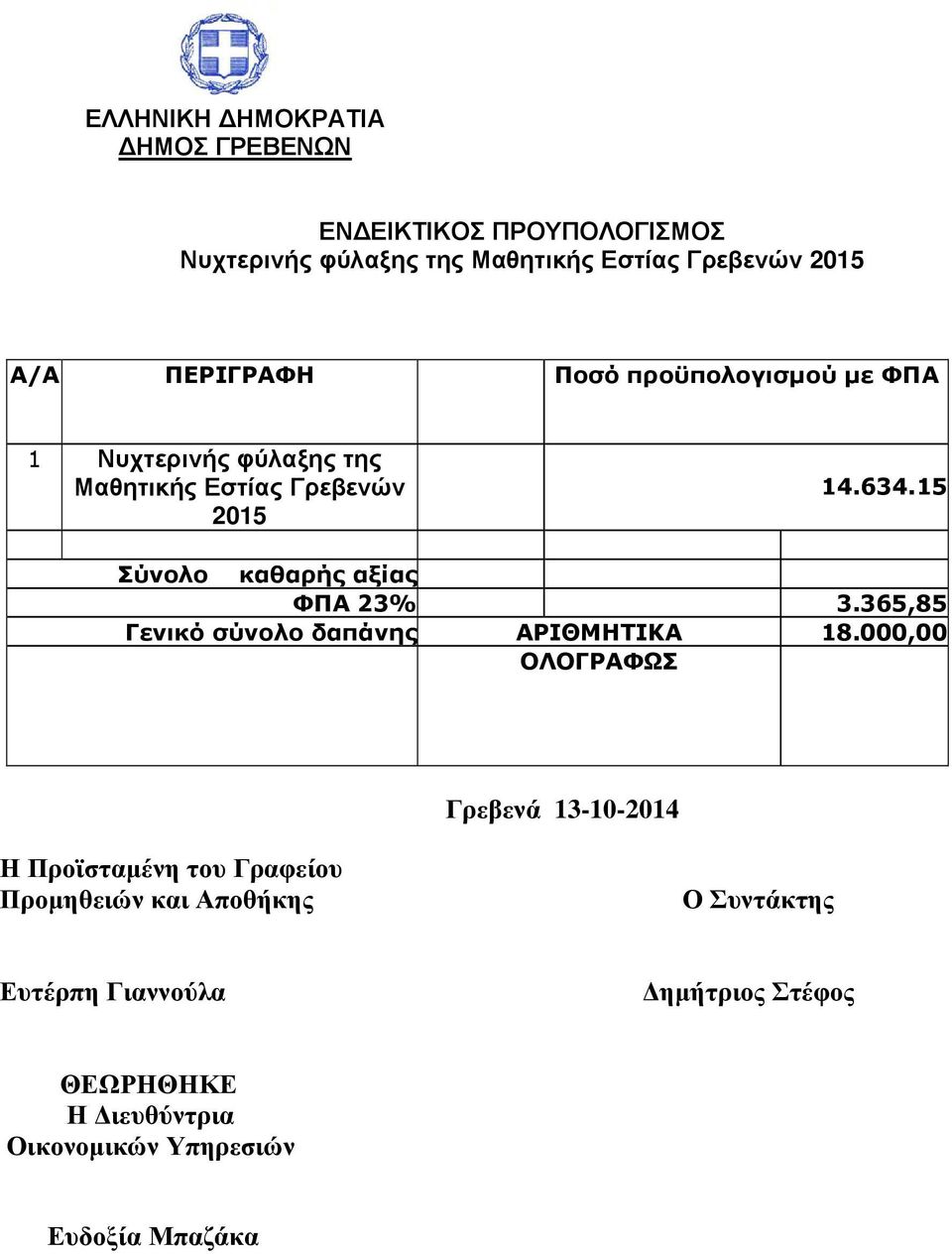 φύλαξης της Μαθητικής Εστίας Γρεβενών 2015 14.634.
